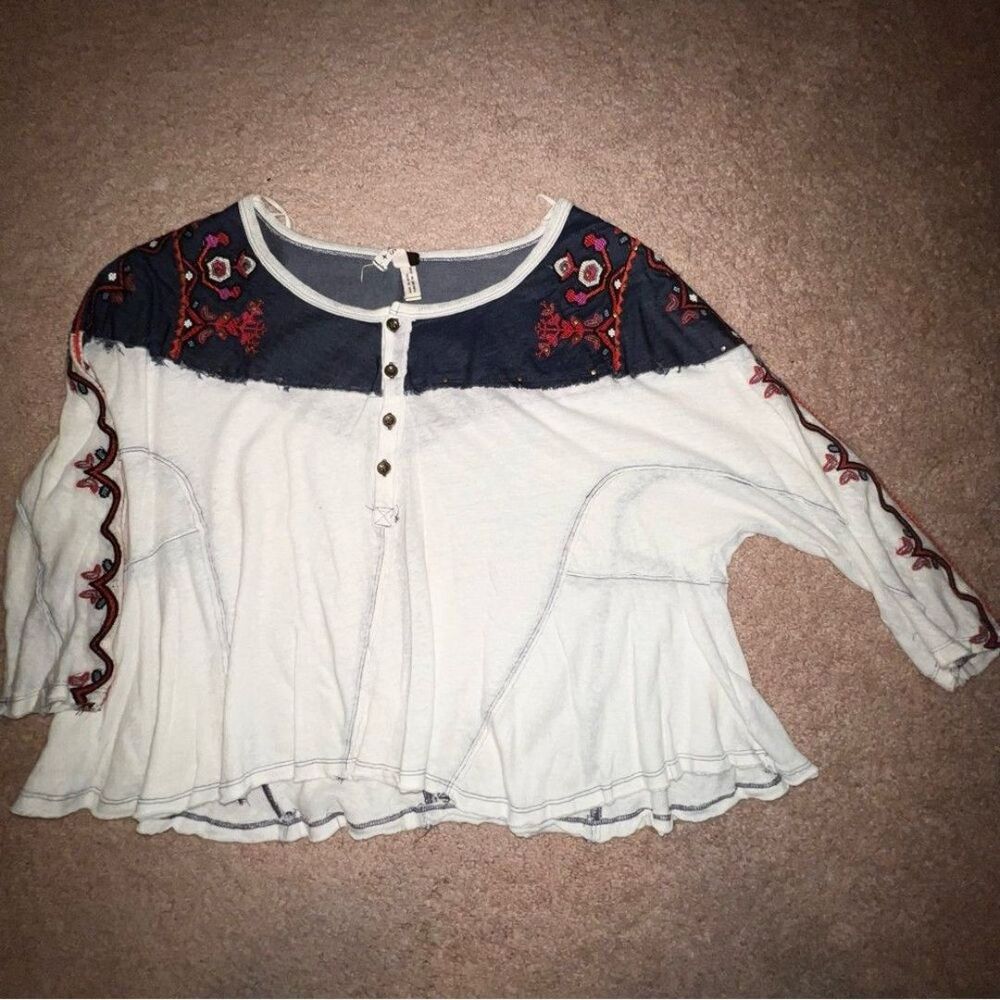 FREE PEOPLE XS Boho Linen Embroidered Cropped Top